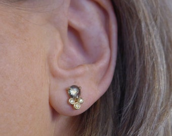 14k yellow gold studs with diamonds and sapphires, fancy yellow diamond and green sapphire gold studs