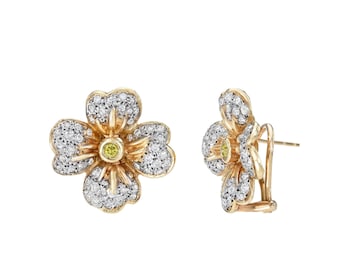 Estate 14k gold diamond flower earring, vintage floral gold with diamonds earring