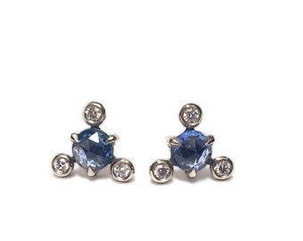 Modern 14k White Gold Stud Earrings: Sapphires and Diamonds