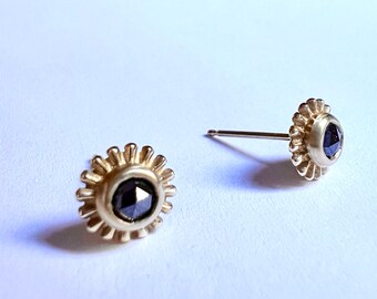 14k solid gold diamond earrings, rose cut black diamonds gold studs