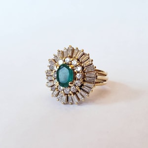 18k Gold Emerald Ballerina Ring: Diamond Halo, Mid Century Style