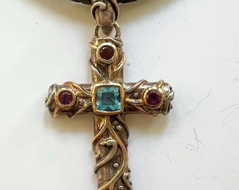 Vintage Sterling Silver Cross Pendant: Blue Topaz & Rhodolite Garnets