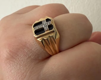 Signet gold ring with cross and diamond, Men’s 10k gold ring by Dason