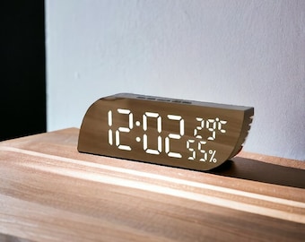 Mirror Clock Digital Clock Temperature and Humidity Alarm Clock Bedside Clock Table Clock Home Decor Home Gift 12 24 Clock Morning Alarm