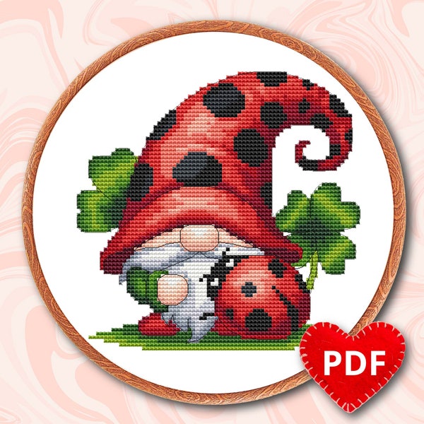 Ladybug Gnome Cross Stitch Pattern, Summer Gnome, PDF Download, Counted Cross Stitch Chart, Modern Design. Easy For Beginner