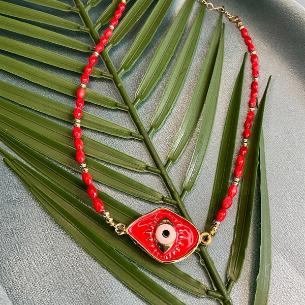 Red mother of pearl stone, elegant necklaces,handmade jewellery gift,red evil eye pendant, choker style