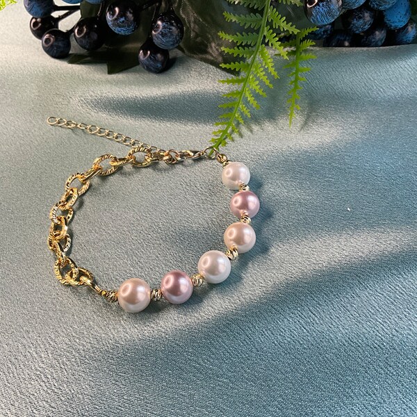 elegant bracelet, handmade jewellery gift glass pearl bracelet, gold plated chain and pearl