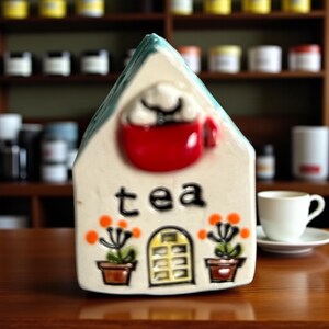 May include: A ceramic tea caddy shaped like a house, with a red teacup design and the word "tea" in black letters. The house has a green roof, a yellow door, and orange flower pots. A white teacup and saucer are in the background.