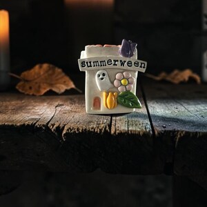 Tiny Ceramic Summerween House, Whimsical Halloween Tabletop Decor - Ghost Flower Design, for Seasonal Display