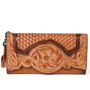 Cartera de mano para mujer de piel de vaca marrón claro con estampado vintage hecha a mano de cuero genuino, bolso de mano largo para mujer, monedero estilo western
