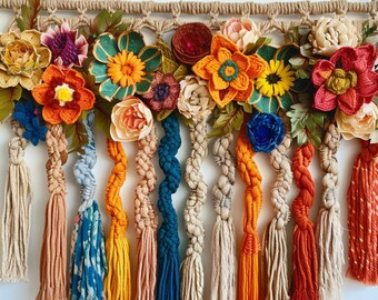 Hanging Garden Decoration | Boho Hand-woven Macrame Leaf Tapestry | Bunting Garland