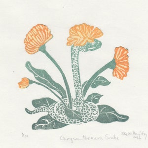 Chrysanthemum Snake Mini Print: Linocut Imaginary Animal Art