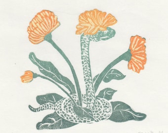 The Chrysanthemum Snake Mini Print, a lino block print imaginary animal, Imaginary Hybrid Zoology