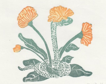 Chrysanthemum Snake Mini Print: Linocut Imaginary Animal Art