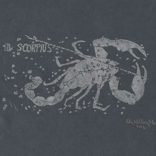 Impresión en bloque de la constelación de Escorpio: Arte zodiacal plateado sobre papel Kozo negro