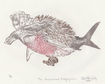 The HammerheadHedgeGalah composite creature linocut, Part hammerhead shark, part hedgehog, part galah cockatoo, imaginary animal