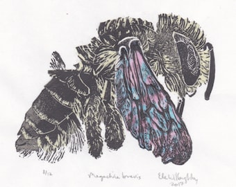 Leafcutter Bee Linocut Print: Native Bee Art on Japanese Paper