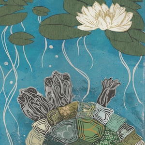 May include: A close-up of a turtle swimming underwater with its head and legs sticking out of its shell. The turtle is surrounded by lily pads and a white water lily with a yellow center. The background is a light blue color.