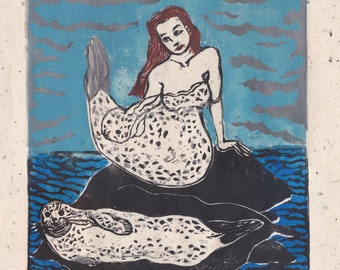 Selkie With Seals Lino Block Print - Mythical Seal Fairy Shapeshifter Print