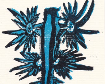 Mini Lino Block Print of the Glaucus atlanticus, the Blue angel sea slug, Blue dragon nudibranch