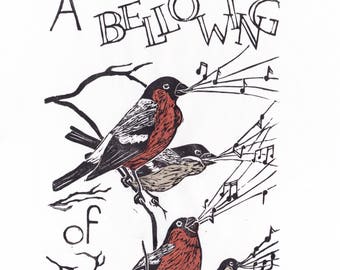A Bellowing of Bullfinches Linocut, Terms of Venery, Collective Nouns for Animals, Birds, Bullfinches, Typography Lino Block Print