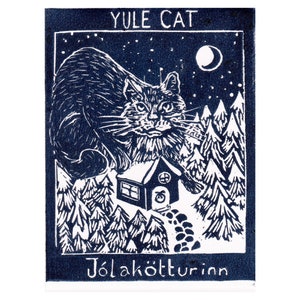 Set of 5 Printed Yule Cat Card, with Image of Linocut Gigantic Icelandic Christmas Cat, Jólakötturinn on Cabin in Woods image 4