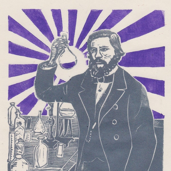 Linogravure de William Henry Perkin, chimiste anglais, inventeur de la mauvéine, le premier colorant synthétique