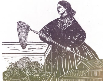 Lino block print of Jeanne Villepreux-Power, Inventor of Aquariums, Marine Biologist with Paper Nautilus, Women in Science