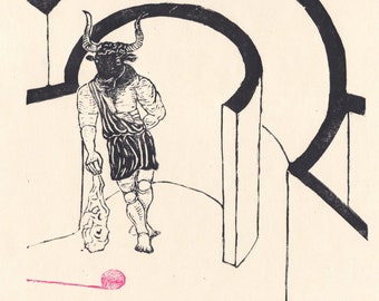 The Minotaur in his Labyrinth Lino Block Print