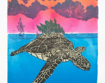 Zaratan Lino Block Print - The Legendary Giant Turtle Island Relief Print