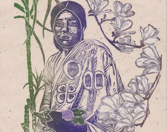 Lino block print of Indian botanist Janaki Ammal, Trailblazing Woman in Science, Magnolia, Surgarcane and Eggplant