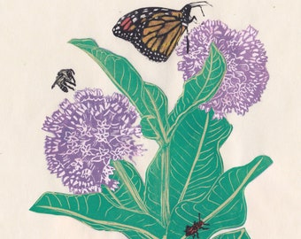 My Milkweed Brings All the Bugs to the Yard: Lino block print milkweed with monarch butterfly, bumblebee and milkweed bug