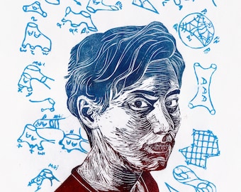 Portrait of Mathematician Maryam Mirzakhani, Lino Block Print, Women in STEM