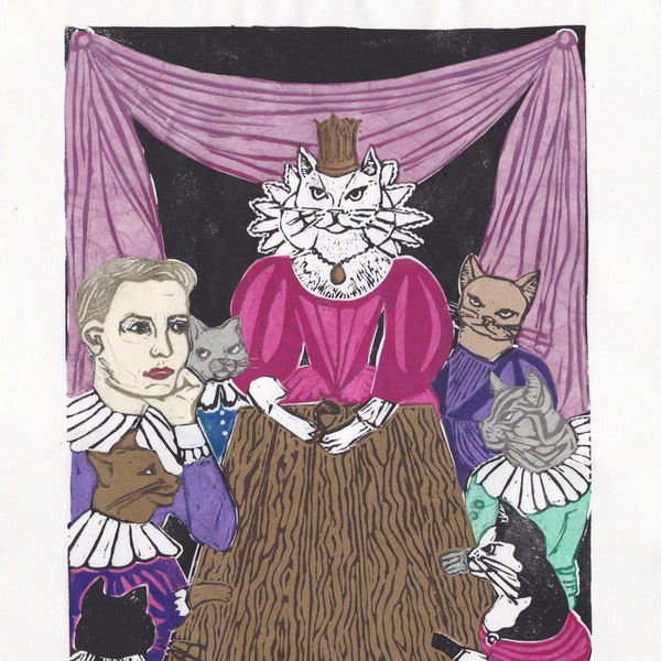 Lino Block Print of the White Cat Fairytale, La Chatte Blanche by Mme D'Aulnoy