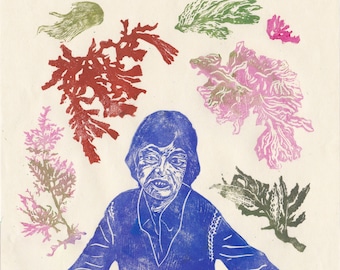 Lino block print of botanist Isabella Aiona Abbott, Native Hawaiian Phycologist, Algae and Edible Limu and Ethnobotany Expert