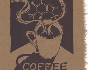 Mmm... Coffee Lino Block Print with Caffeine Molecule
