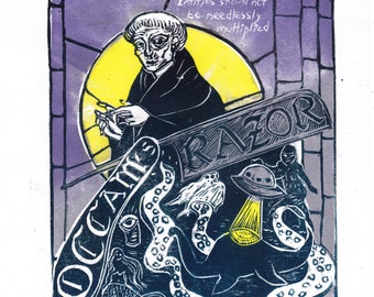 Occam's Razor Lino Block Print, History of Science and Philosophy, Law of Economy or Parsimony