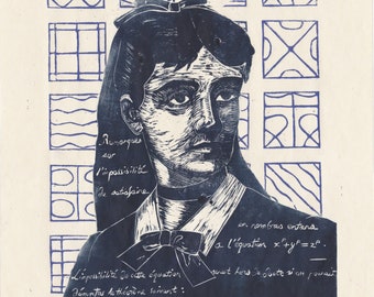 Lino Block Print of Trailblazing Woman Mathematician Sophie Germain, Woman in STEM