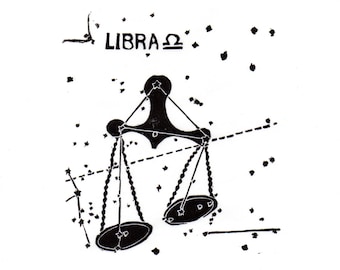 Libra Constellation Print in Black and White, Constellations of the Zodiac Lino Block Print Collection, Libra the Scales