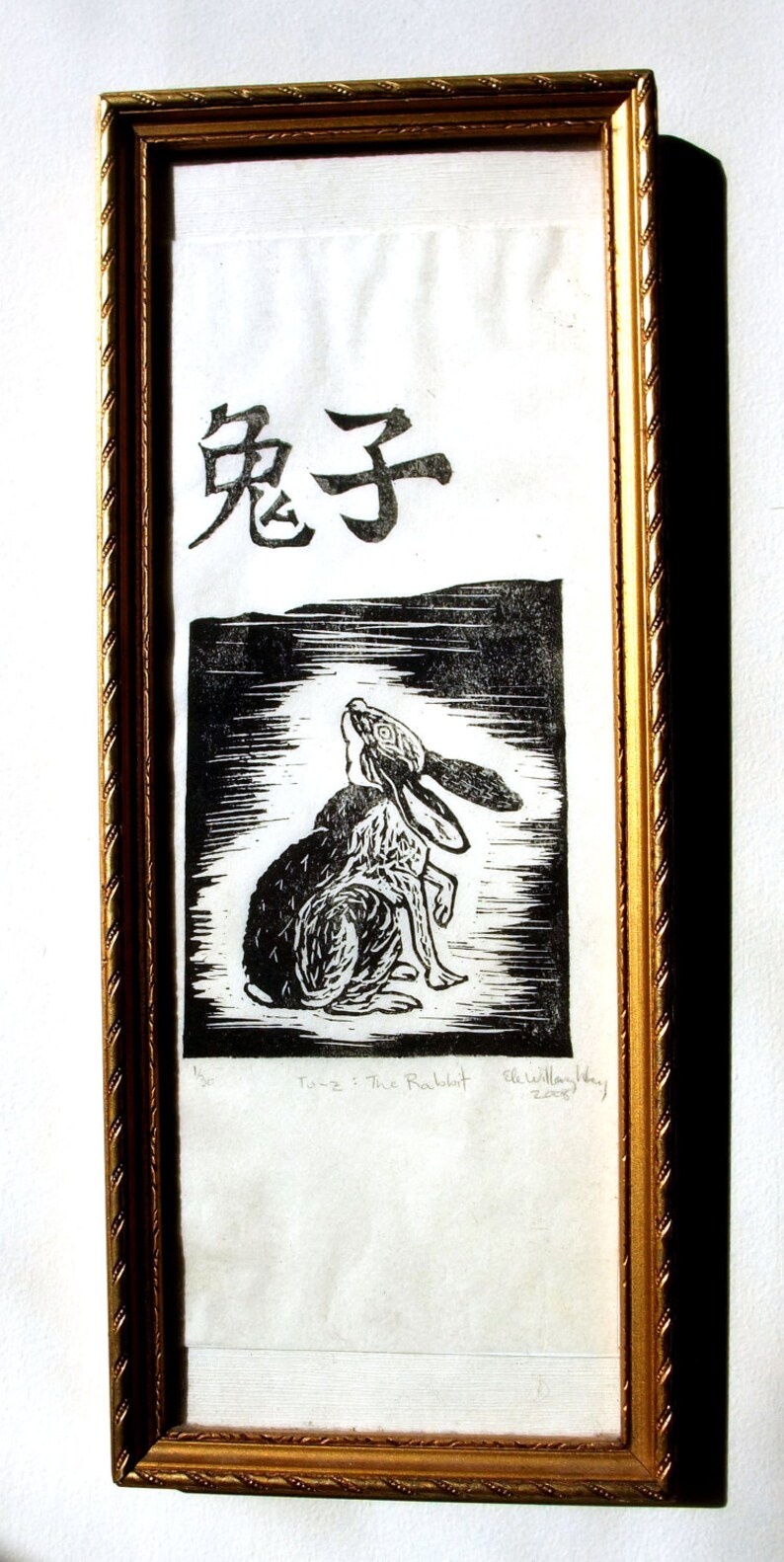 Tu-z, The Rabbit, Linocut, 4th in Chinese Zodiac, Black and White Lino Block Print Rabbit, Bunny, Hare, Chinese Character image 5