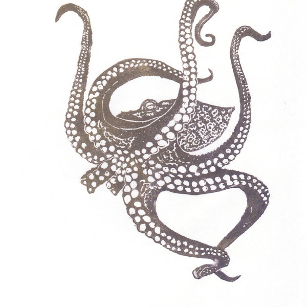 Octopus Linocut, Lino Block Print Octopus, Ocean Animal Art, Tentacles