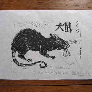 Da shu, The Rat, The Big Mouse Print, Chinese Zodiac, Black and White Lino Block Print image 3