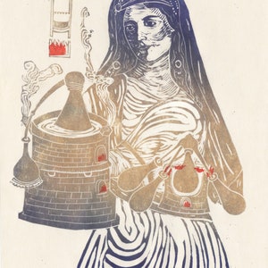 Linocut Mary the Jewess, Mother of Alchemy, Miriam Hebraea, Maria Prophetissa, Chemistry Trailblazer, Historical Woman in Science Print image 2