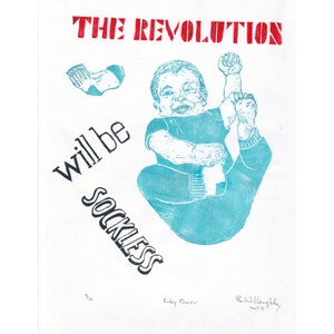 Baby Propaganda: The Revolution Will Be Sockless Linocut, Lino Block Print Baby with Typography, Nursery Art, Propaganda Poster image 1