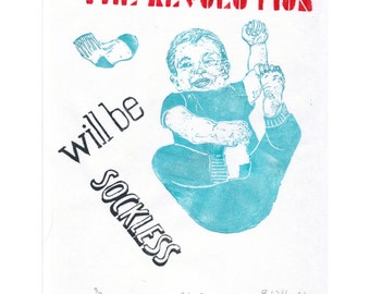 Baby Propaganda: The Revolution Will Be Sockless Linocut, Lino Block Print Baby with Typography, Nursery Art, Propaganda Poster