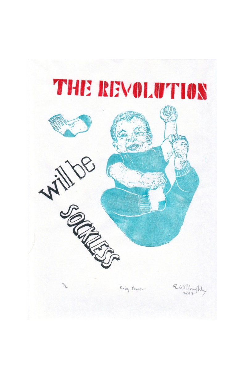 Baby Propaganda: The Revolution Will Be Sockless Linocut, Lino Block Print Baby with Typography, Nursery Art, Propaganda Poster image 1