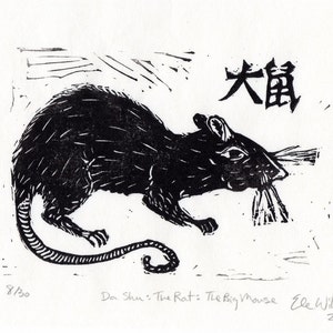 Da shu, The Rat, The Big Mouse Print, Chinese Zodiac, Black and White Lino Block Print image 1