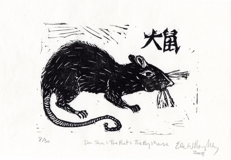 Da shu, The Rat, The Big Mouse Print, Chinese Zodiac, Black and White Lino Block Print image 1