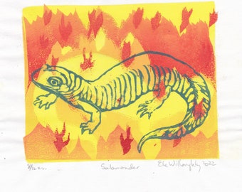 Legendary Salamander in the Flames, Lino Block Print