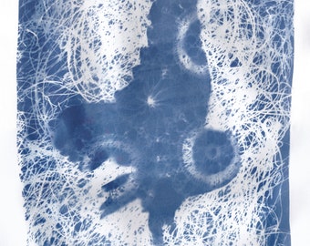 Owl in Flight Cyanotype, Fine Art Print of Flying Owl with Vintage Lace and Swirling Lines